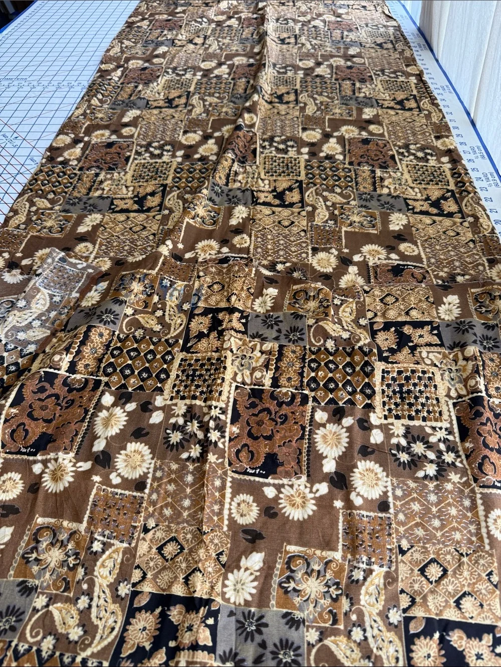 Vintage 1970s Patchwork Print Fabric Brown Floral Paisley 4+ Yards x 50